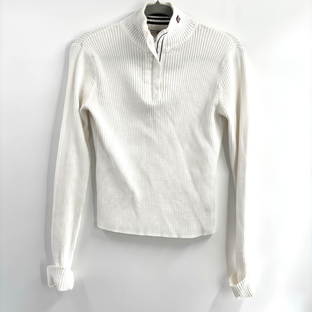 Ralph Lauren Polo Jeans Top L Rib Knit 1/4 Zip White Cotton Long Sleeve Cropped